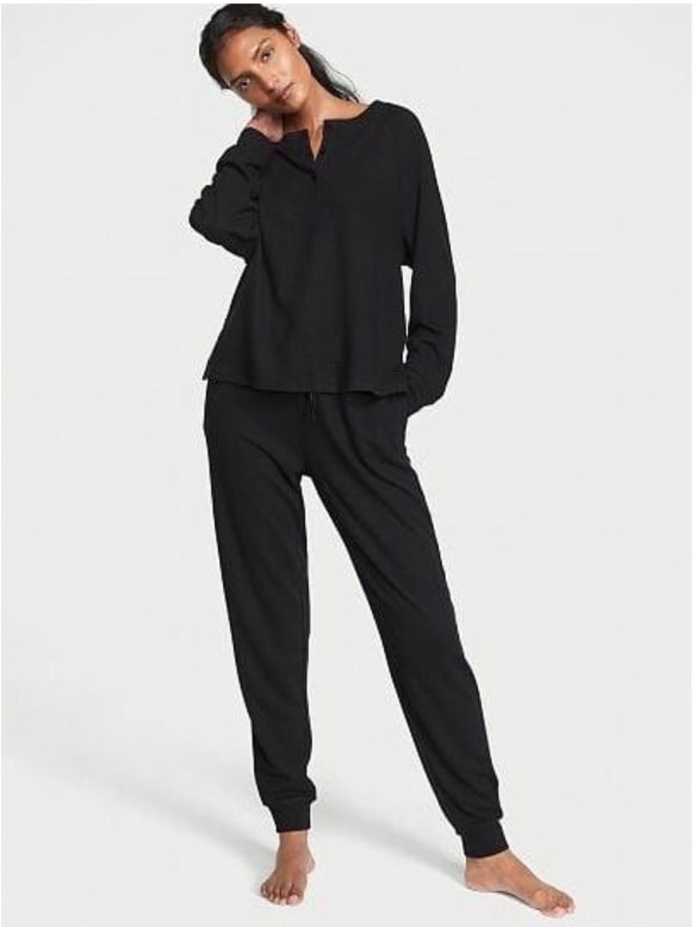 NWT Victoria's Secret Glow Waffle Henley Jogger Set Black XL